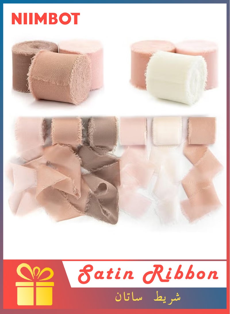 NIIMBOT 6 Rolls Satin Ribbon Set, Handmade Fringe Chiffon Ribbon, 4 cm x 5 m Total 30 m, Silk Like Vintage Decorative Ribbon for Wedding Invitations, Bridal Bouquets, Gift Wrapping and DIY Crafts, Cream and Orange - Image 1